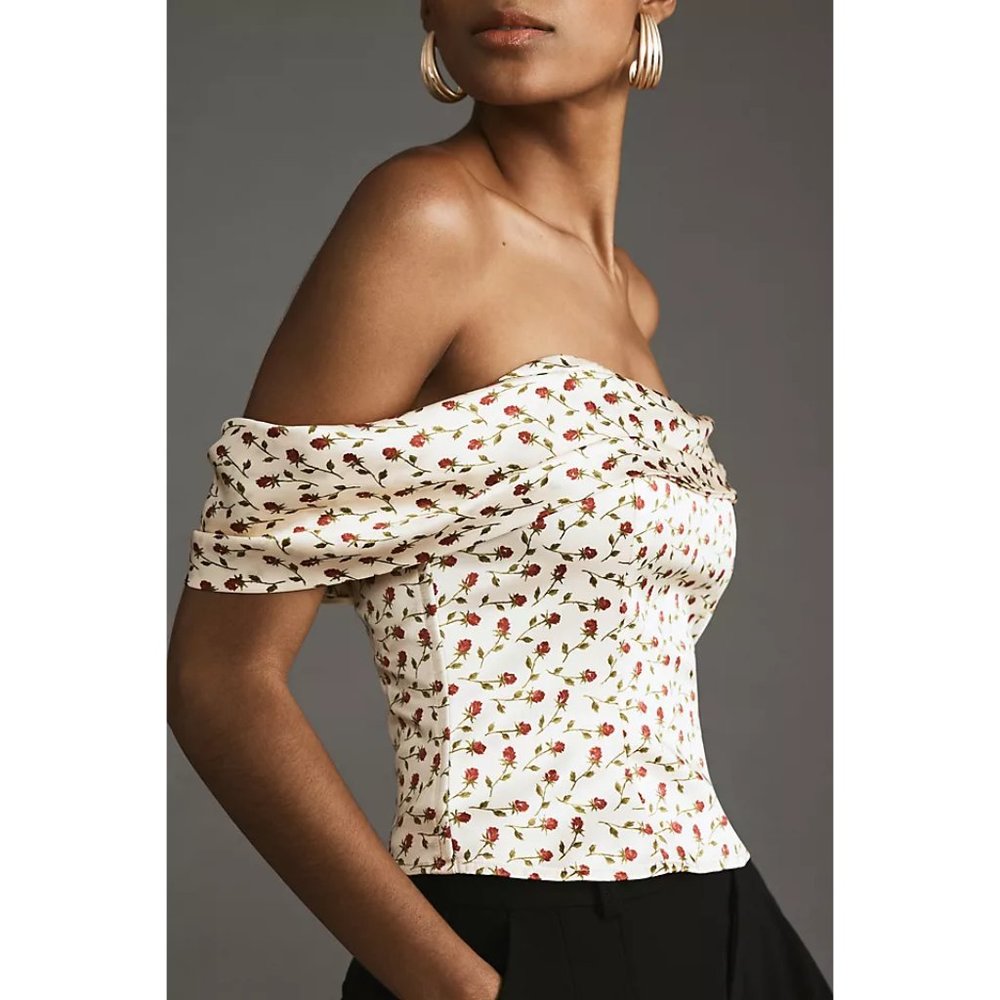 NWOT Reformation Lux Silk Top in Madison White Red Floral Off Shoulder